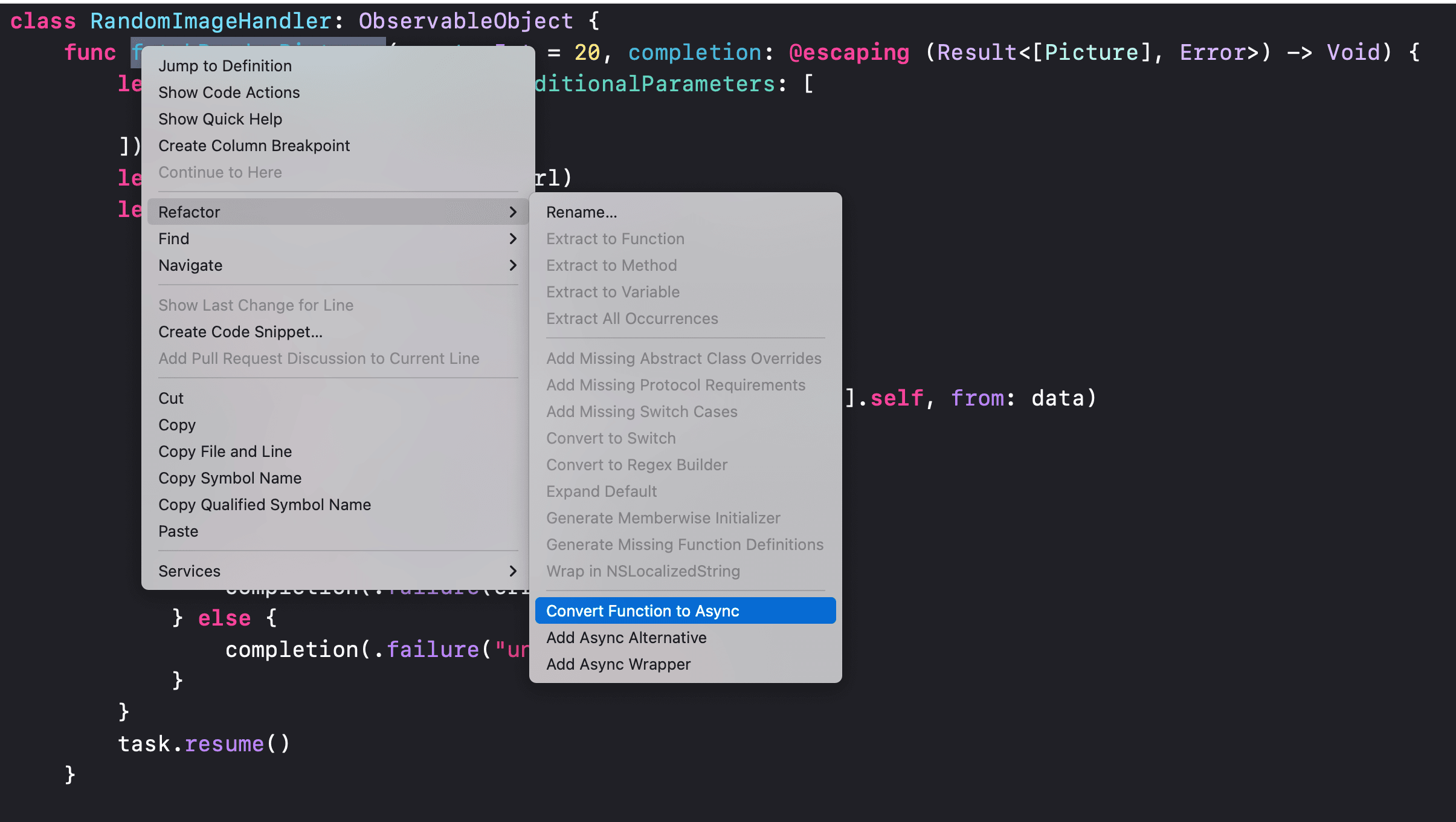Xcode's refactoring options for async/await