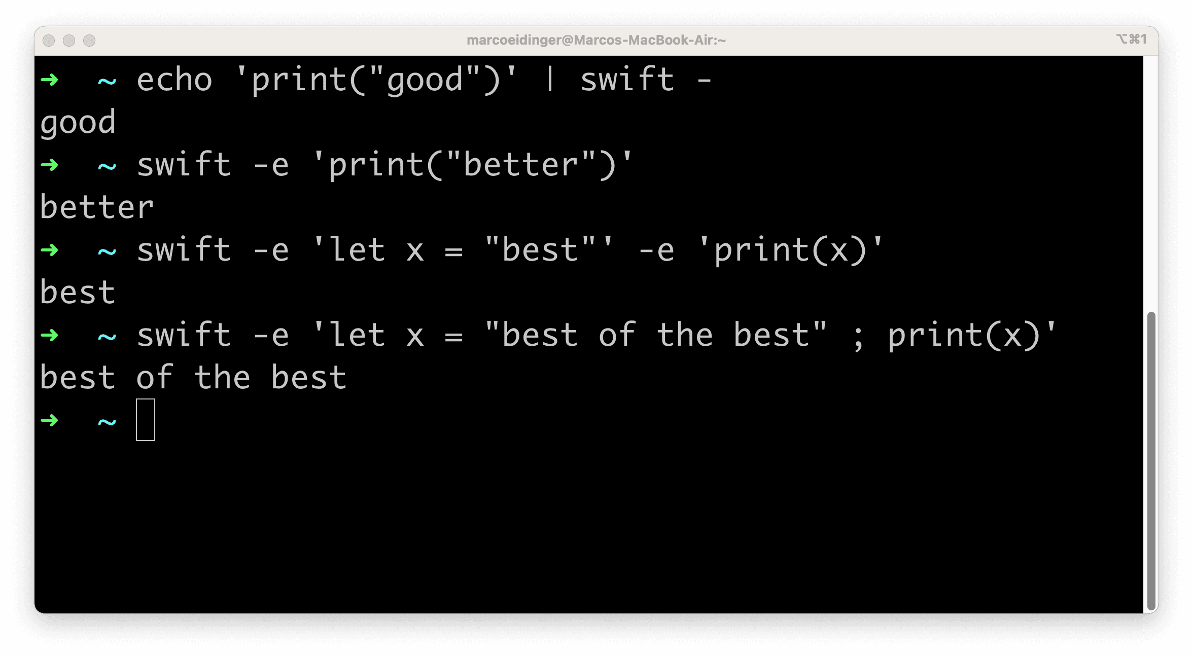 swift -e runs code directly from the command line